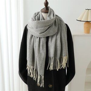 Gray Herringbone Scarf with Fringe